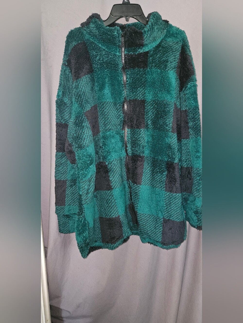 Teal and Black Checkered Teddy Jacket - Plush Zip Front
